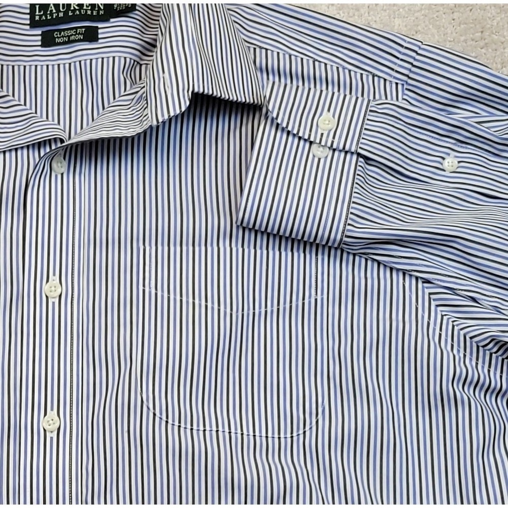 Lauren Ralph‎ Lauren Dress Shirt Mens 16 32/33 Blue Striped Classic Fit Non Iron